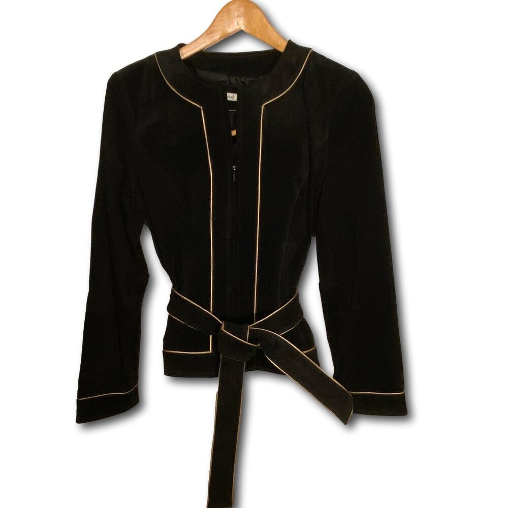 Zip Up Fully Lined Black Suede Jacket with Gold Piping Size 10
